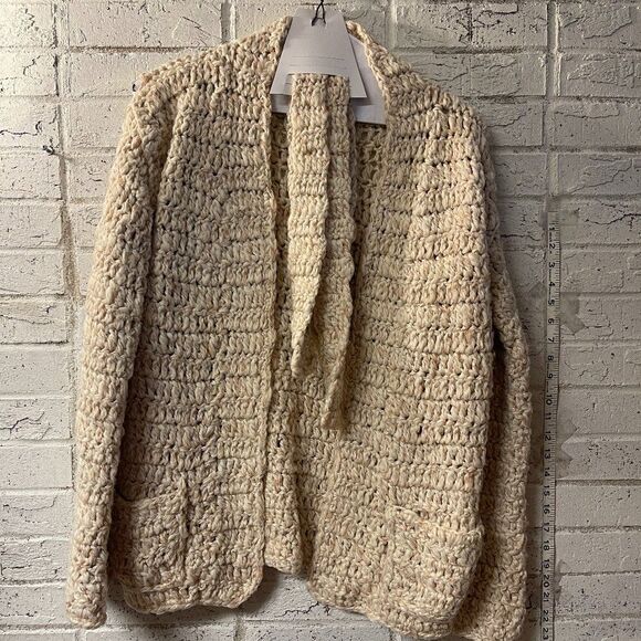 Vintage Tie Waist Open Front Cable Knit Neutral Ivory Cardigan - Picture 1 of 7
